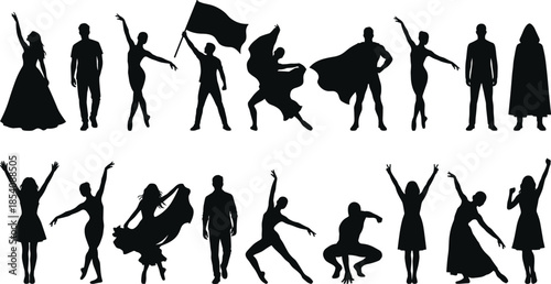 Expressive human silhouettes, dynamic pose vector, superhero dancer icons, flag celebration artwork, athletic movement shapes, black figure design