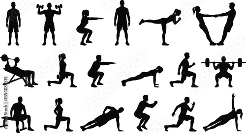 Fitness exercise silhouettes, workout poses vector, gym training icons, strength movement artwork, bodyweight exercise shapes, fitness routine design