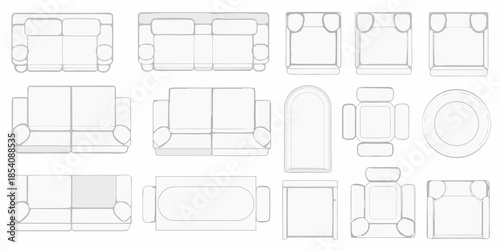 A collection of various sofa and seating arrangement top down design sketches