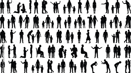 Human interaction silhouettes, family couple icons, emotional pose vector, social gesture artwork, black figure design, relationship illustration set
