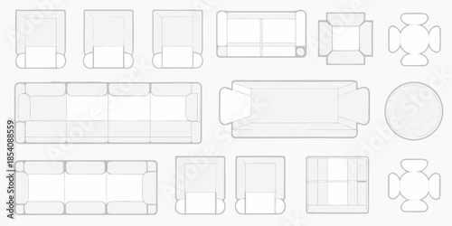 Overhead view of various sofa and chair furniture arrangements in gray tones