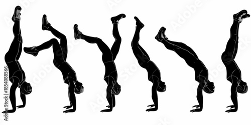 A series of silhouettes depicting a person performing a handstand progression