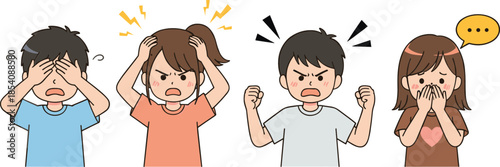 Kids showing negative emotions vector illustration set with angry, stressed, confused and sad children expressions