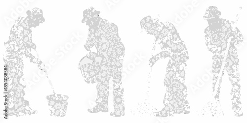 Four figures in silhouette seemingly laborers or workers with textured outlines