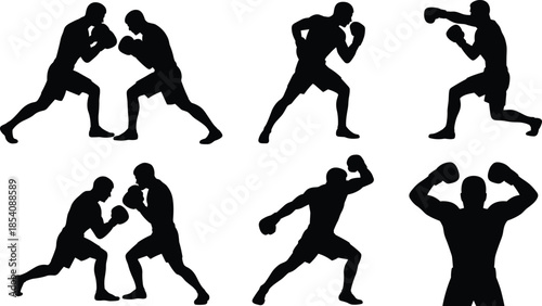 Boxing fighter silhouettes in action poses, professional combat sports training, punch defense attack movements, fitness workout illustration, martial arts competition concept isolated