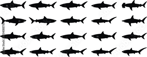 Shark silhouette grid, ocean predator vector, black marine icons, hammerhead standout artwork, aquatic animal design, sea creature shapes