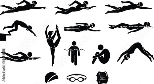 Swimming silhouette icons, aquatic sports vector, swim gear illustration, freestyle stroke poses, diving symbols, synchronized swimming, water activity design