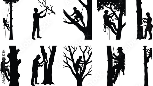 Arborist silhouettes, tree climbing vector, pruning safety icons, forestry worker artwork, black tree care poses, maintenance gear design