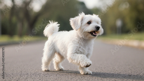  Happy playful puppy running on road