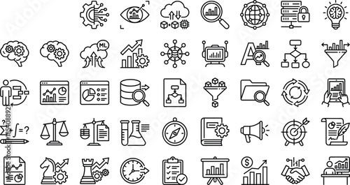 Business analytics line icons set, data science technology symbols, marketing strategy, artificial intelligence, finance management, vector illustration isolated
