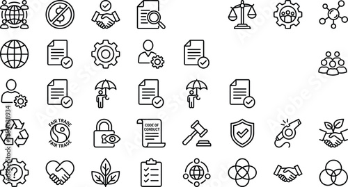 Business ethics and compliance line icon set, corporate governance, legal documents, teamwork, security, sustainability symbols, vector illustration