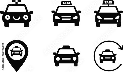 Collection of minimalist black taxi icons for ride-hailing apps and transportation concepts