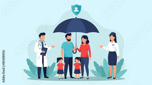 A family stands safely under a large umbrella and shield, supported by a doctor and officer who represent comprehensive health and security protection