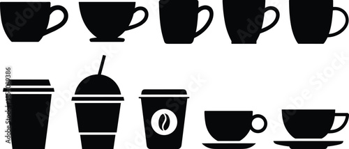 Coffee cup silhouette icon set, black mug espresso latte takeaway symbols, minimalist cafe drink collection isolated on white background vector illustration graphic design pack
