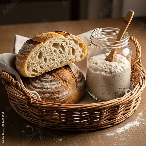 Sourdough Bread and Starter in Basket - A Rustic Baking Scene.