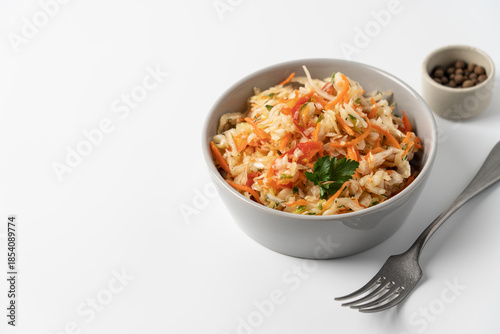 Fresh Coleslaw Salad in Gray Bowl on White Background, Healthy Food Concept