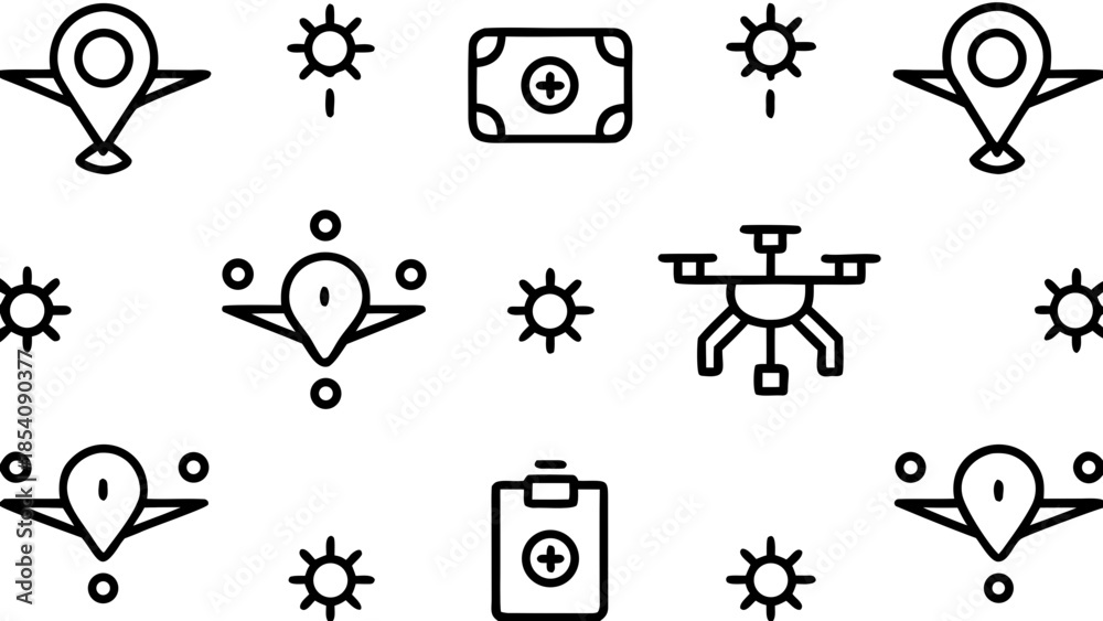 Obraz premium Black and white pattern featuring airplanes, drones, suns, and medical symbols in a seamless layout