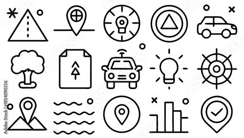 Illustration of various navigation and technology icons in a simple outlined style design format