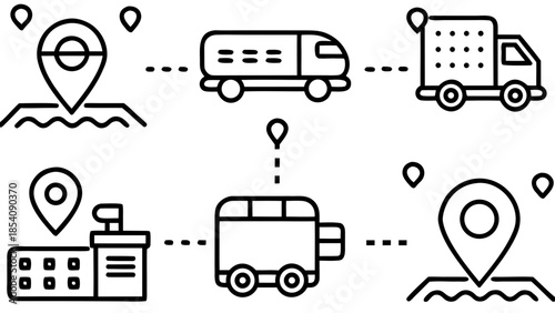 Logistics route showing a warehouse and several trucks connected by dotted lines and location markers
