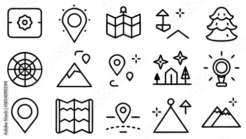 Collection of outline icons depicting maps, mountains, trees, and location markers in black and white
