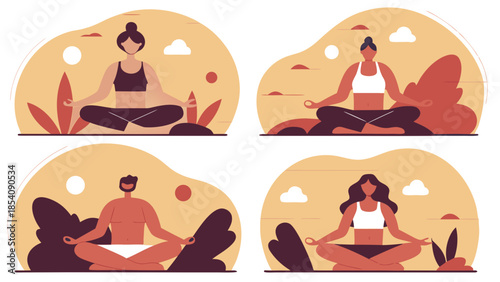 Four illustrations of people meditating in lotus position with nature backgrounds in warm color palette