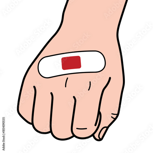Hand with bandage and red square detail