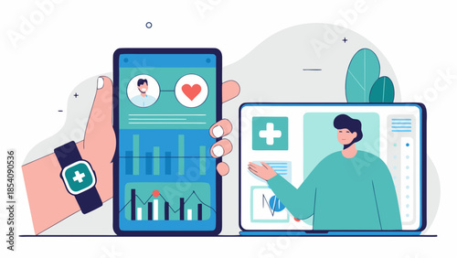 Illustration of telehealth technology with a doctor on a laptop screen and data on a smartphone