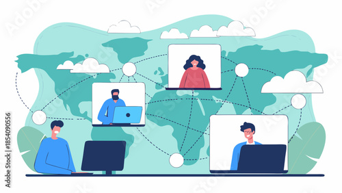 People connecting virtually on laptops over a world map with clouds and dotted lines linking them all