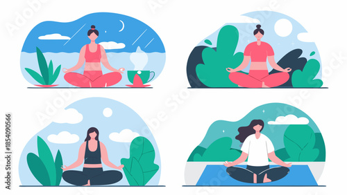 Four illustrations of women meditating in different settings and times of day practicing mindfulness and wellness