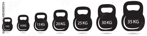 Kettlebell icons set. 5 kg to 35 kg  Weight icon set. Set of different kettlebells. Weight sign icon. Vector illustration. 