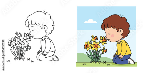 Cute cartoon boy smelling yellow flowers in spring garden, vector illustration of happy child kneeling on grass with daffodils, nature concept.