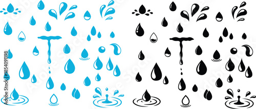 Water drops icons set collection with droplet splash symbols in flat and line style, liquid rain fluid illustration group for weather nature hygiene UI design and clean graphic elements