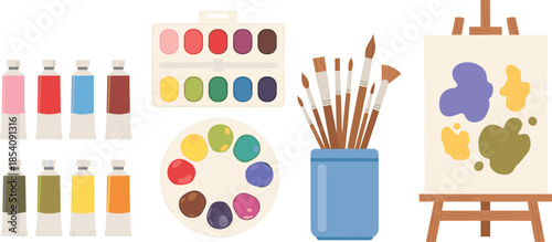 Painting art supplies vector illustration set with watercolor tubes, palette, brushes and canvas on easel