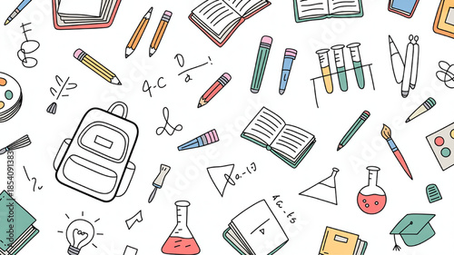 Hand-drawn school supplies and science equipment a doodle pattern for educational backgrounds and creative projects isolated on white