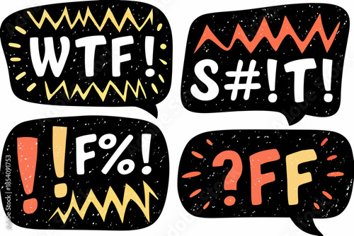 Four colorful speech bubbles displaying various expressions of frustration and surprise