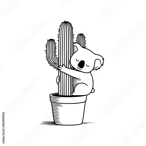 A cute koala bear hugging a tall cactus in a pot with closed eyes in black and white line drawing style