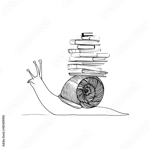 Snail carrying a large stack of books on its shell in a black and white line drawing illustration