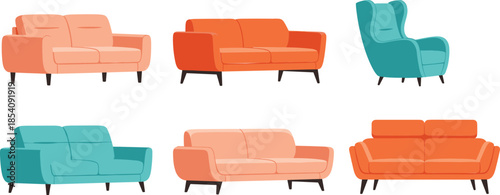 Modern sofa and armchair furniture vector set with colorful couches for living room interior design