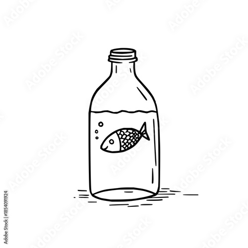 Doodle style illustration of a fish inside a glass bottle with water and bubbles on a white background art 100