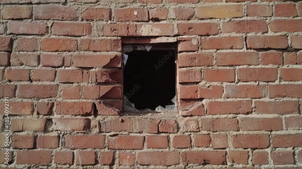 Fototapeta premium Broken window in old brick wall texture damage and decay