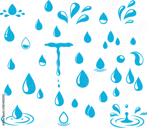 Water drops icons set collection with droplet splash symbols in flat and line style, liquid rain fluid illustration group for weather nature hygiene UI design and clean graphic elements