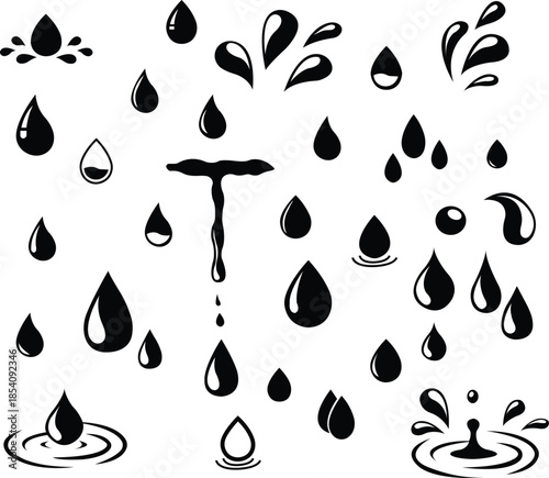 Water drops icons set collection with droplet splash symbols in flat and line style, liquid rain fluid illustration group for weather nature hygiene UI design and clean graphic elements