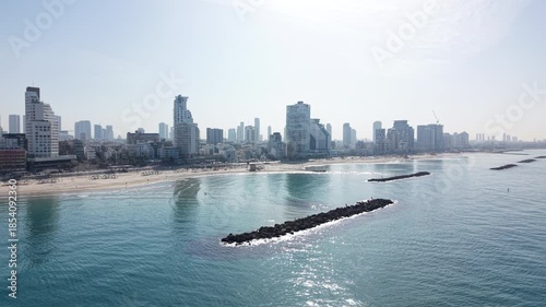 Aerial Drone Shot Approaching Tel Aviv Coastline From the Sea