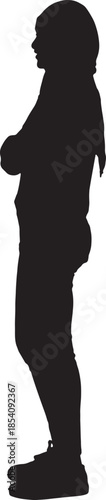 vector,side view of a silhouette of a woman standing with casual clothes with her head covered,arms crossed