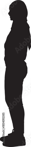 vector,side view of a silhouette of a woman standing with casual clothes with her head covered,