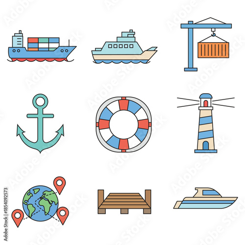Marine transportation and shipping line icons set