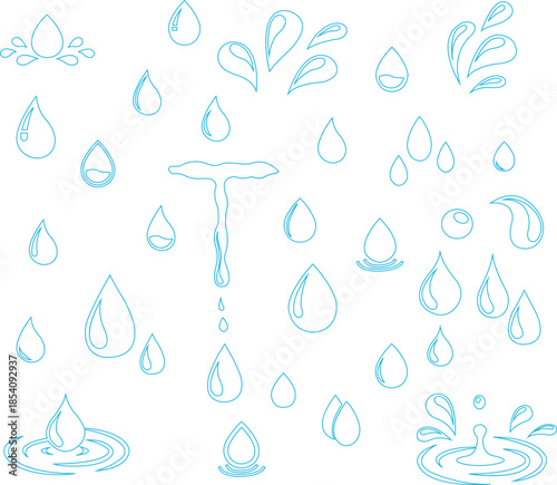 Water drops icons set collection with droplet splash symbols in flat and line style, liquid rain fluid illustration group for weather nature hygiene UI design and clean graphic elements