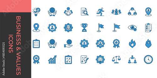 Blue business management icons set featuring teamwork strategy leadership success analytics planning vector illustration for corporate branding presentations and dashboards