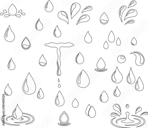 Water drops icons set collection with droplet splash symbols in flat and line style, liquid rain fluid illustration group for weather nature hygiene UI design and clean graphic elements