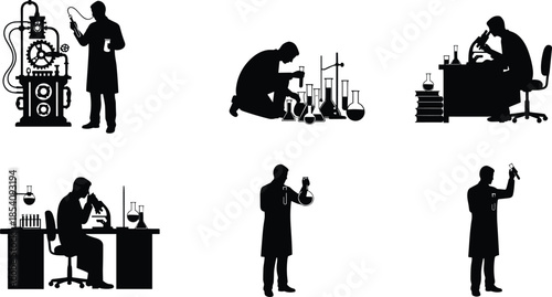 Scientist laboratory silhouettes, chemistry research workflow, vintage science equipment, experiment analysis, innovation concept, education illustration, black silhouette set, isolated white 